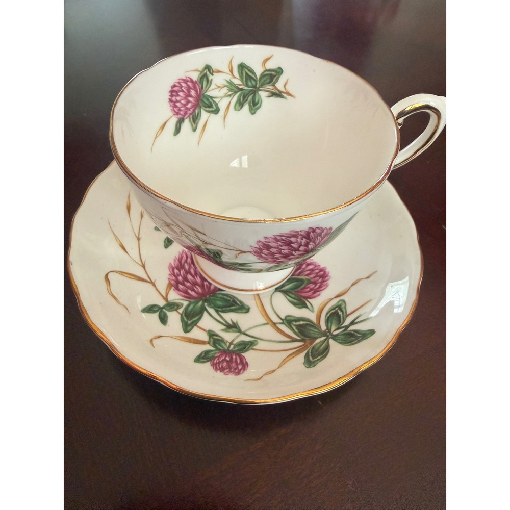Tuscan Fine English Bone China Tea Cup Saucer Four Leaf Clover Pink Floral Gold